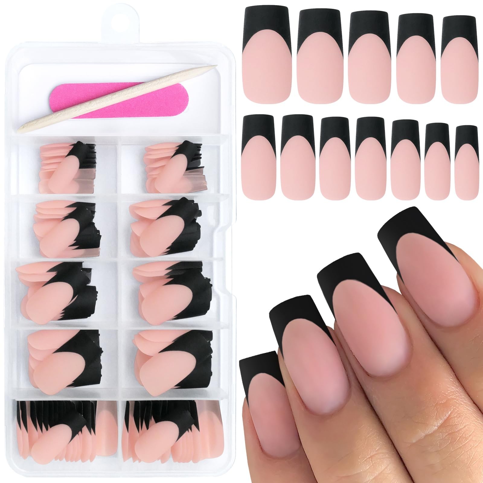 AddFavor French Tip Press on Nails Medium Square Fake Nails, 120pcs Black Fre…