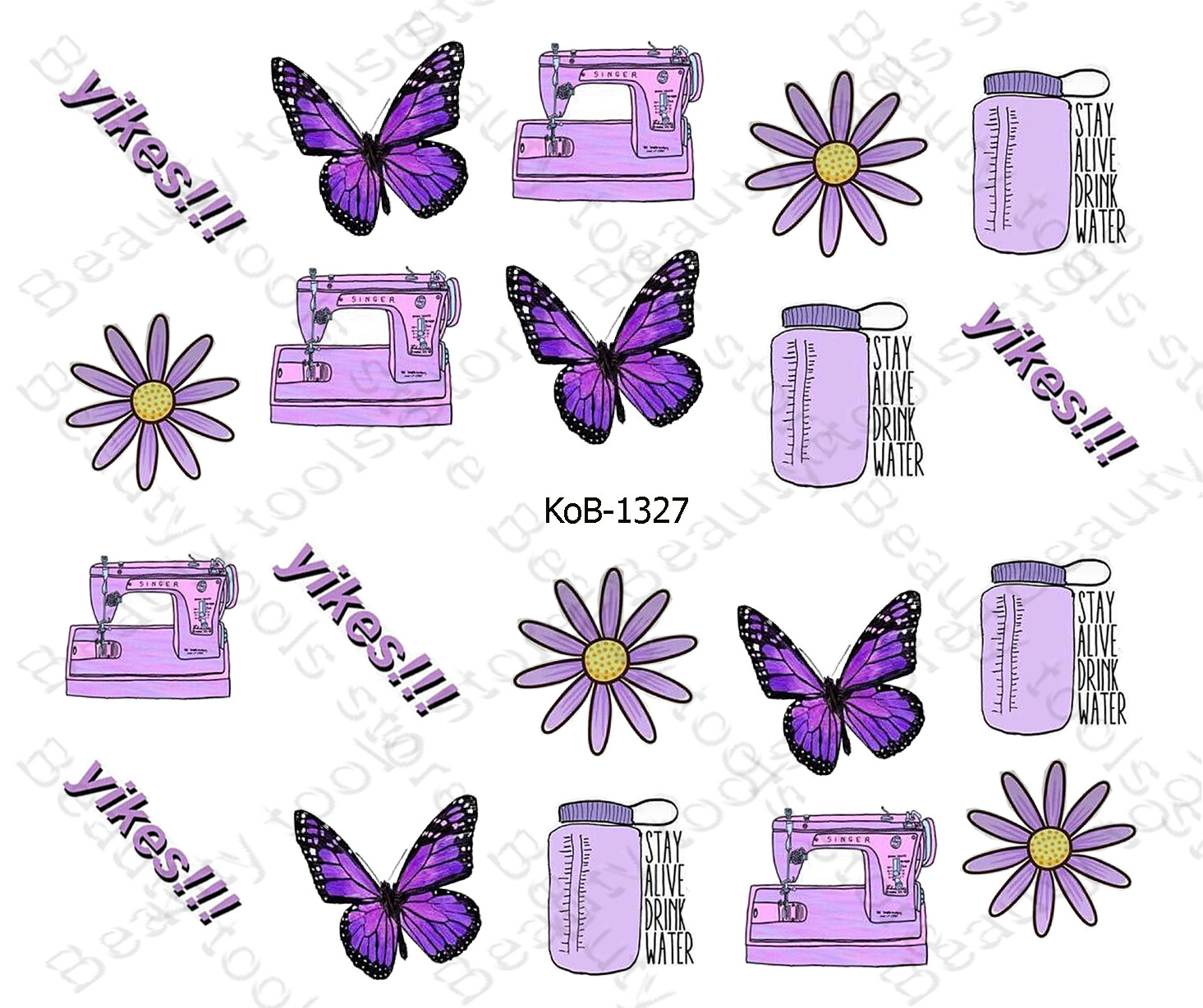 Nail Art Water Transfer Stickers yikes flower butterfly sewing machine KoB-1327