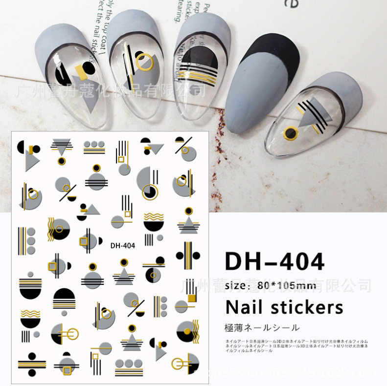 Abstract Geometry Stickers Nail 3D Words Gold Black Line Adhesive Decals NH12