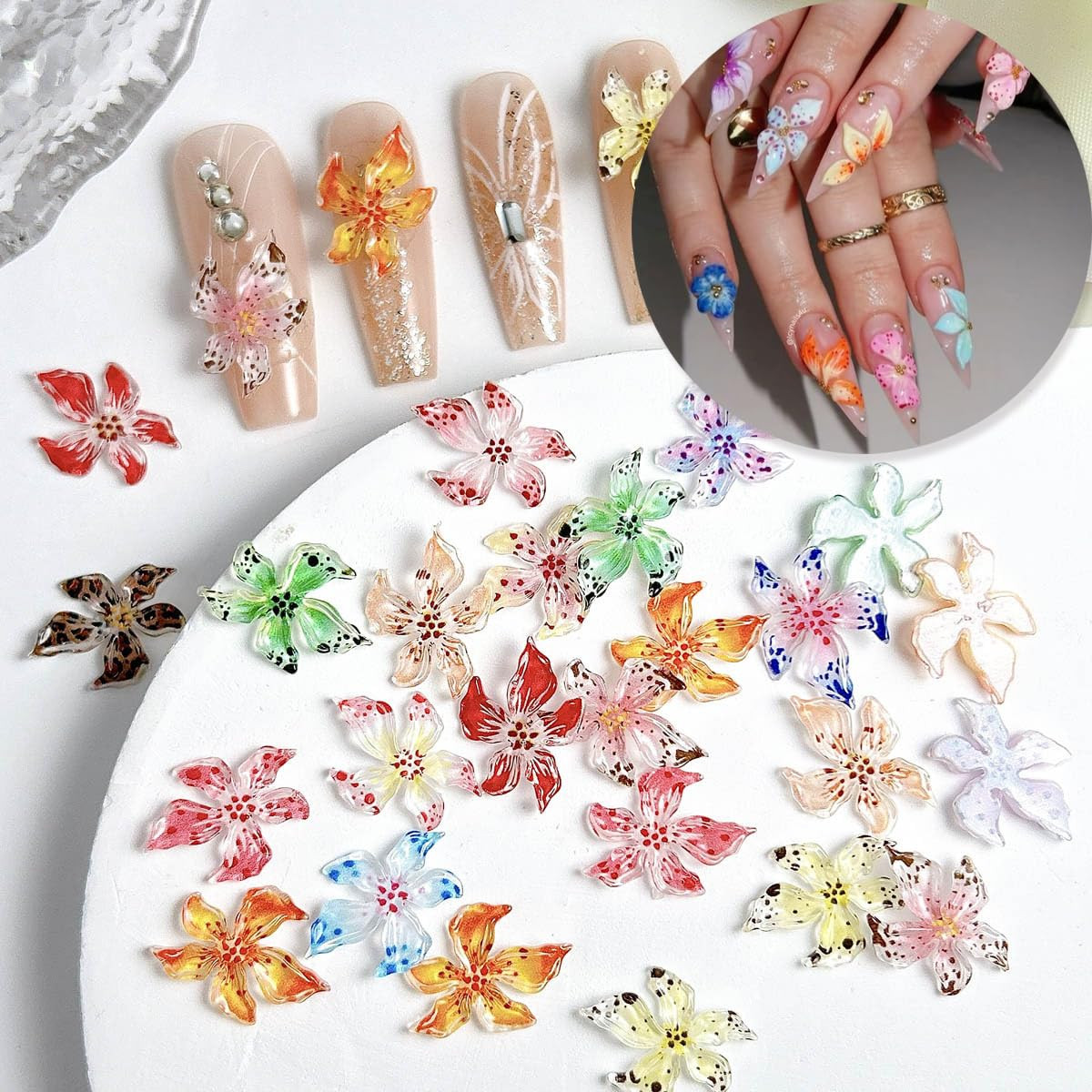 50Pcs 3D Flowers Nail Charm for Nails Flower Resin Nail Rhinestones Spring Hibis