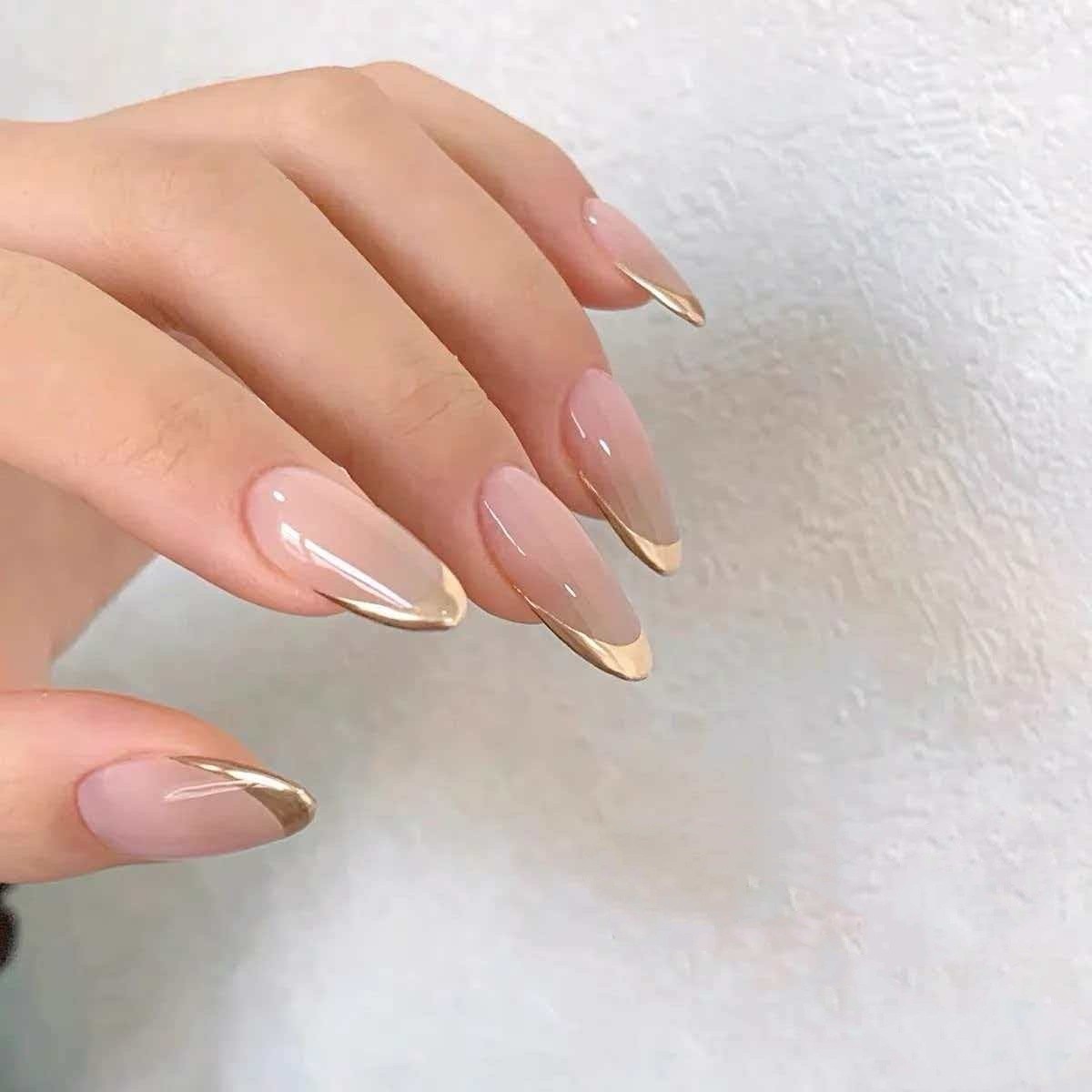 24pcs Simplistic French Golden-Edge Mirror Powder Press-On Nails, Short Almond