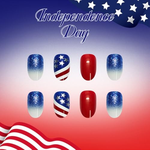 4th of July Press on Nails – Red, White, Blue Glitter – Short Style – 31