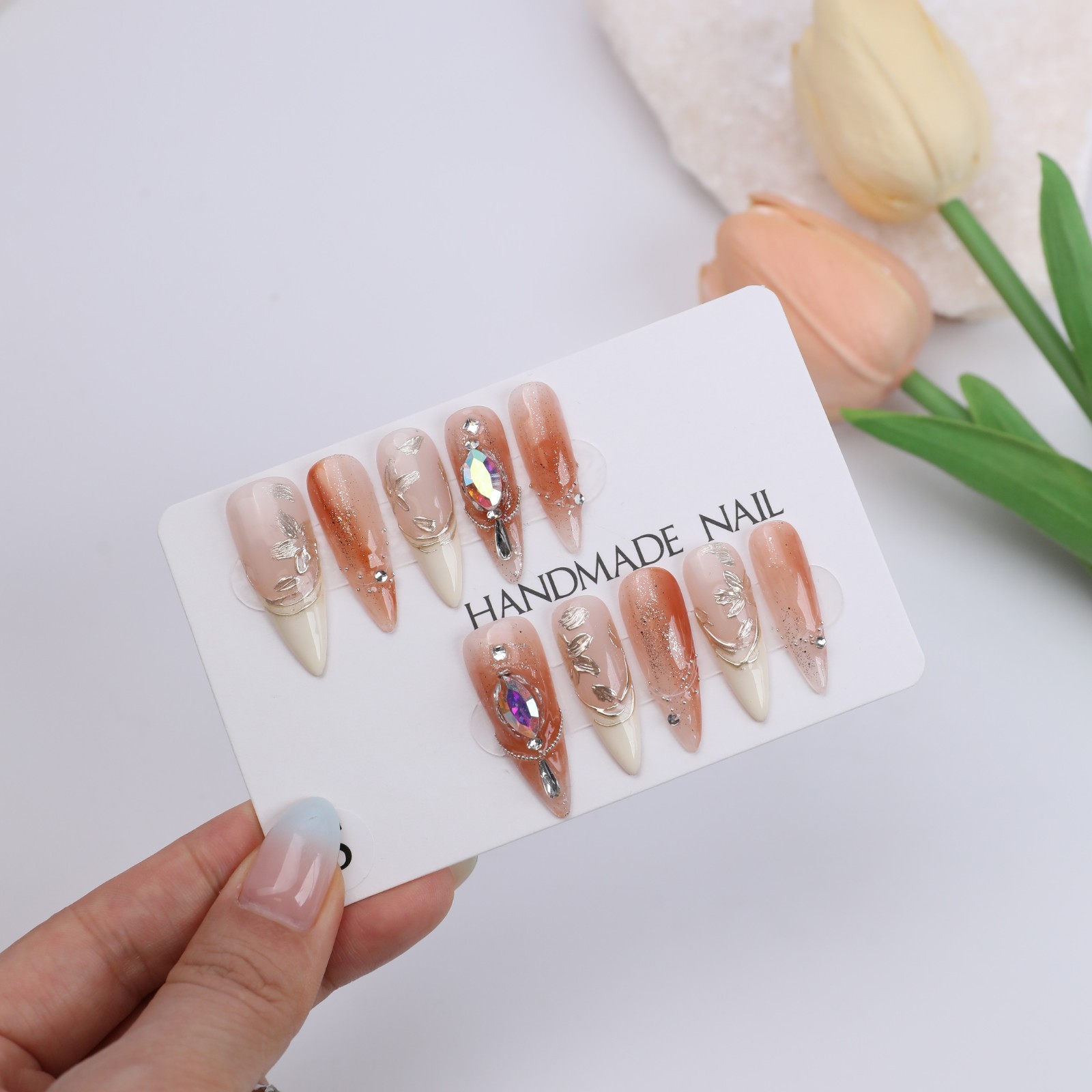 Honey Tea Pink Brown Ombre Press On Nails Medium Stiletto Gold Foil Rhinestone