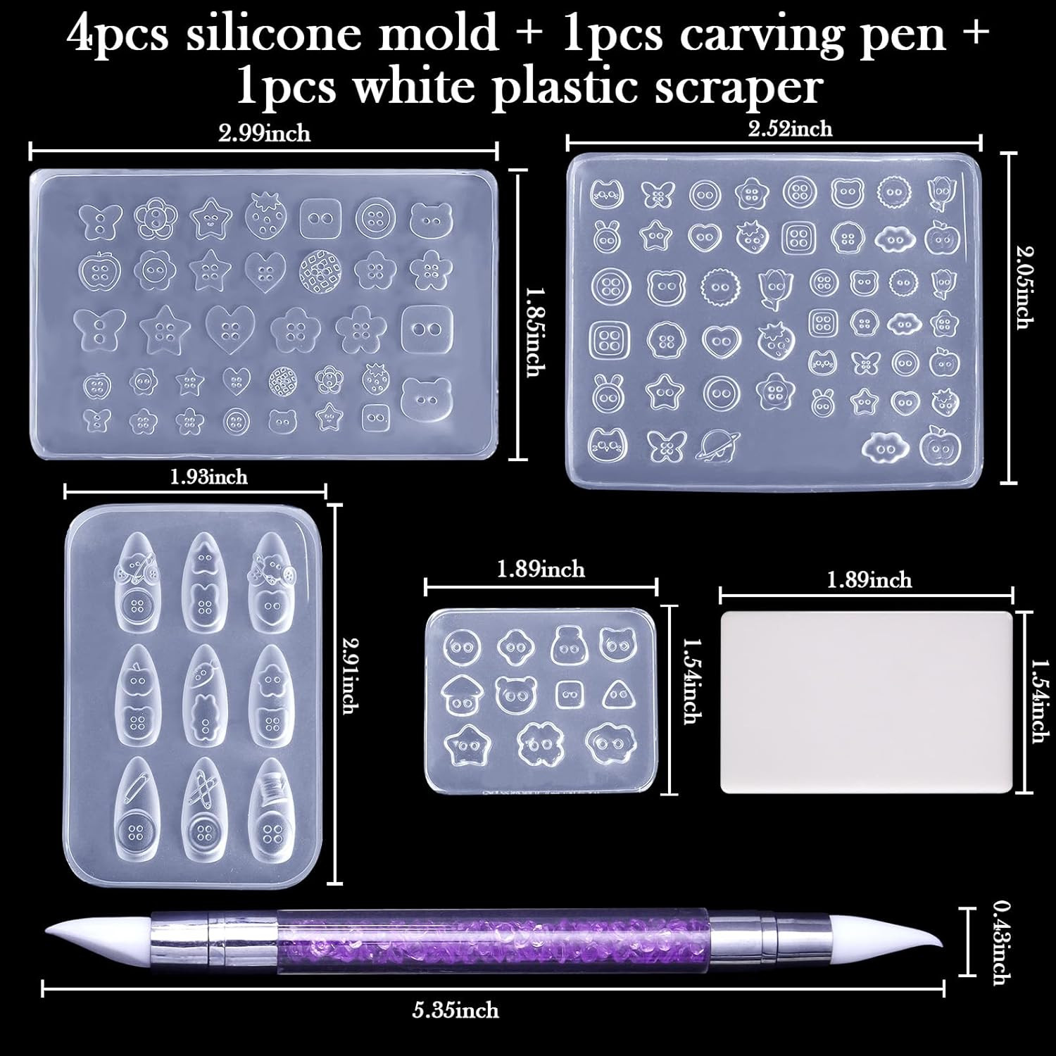 4Pcs Button Silicone Nail Art Molds, 3D Multiple Shapes Embossed Button Nail Cha