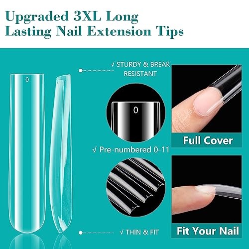 3XL Clear Full Cover Nail Tips for Acrylic Nails Professional, 240pcs with box