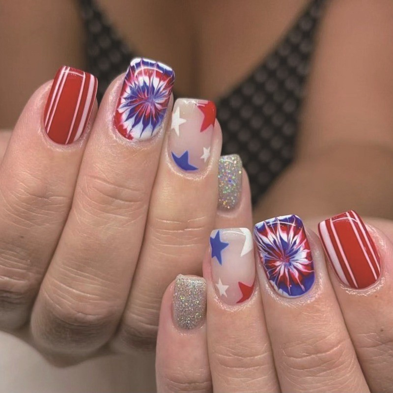 48pcs-USA Tie Dye Star Press on Nails Square Nail Art Set Reusable Handmade