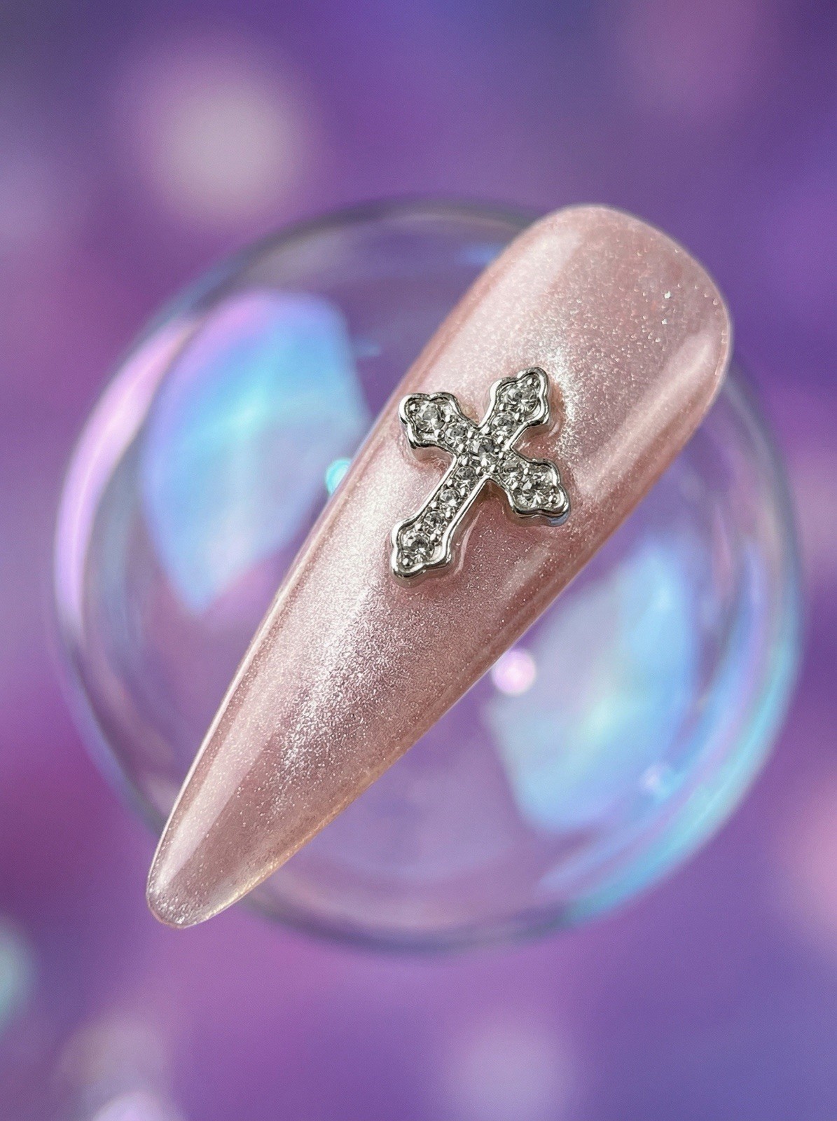 Silver Cross Glam Long Stiletto Press On Nails, Cross Rhinestone Nude, Handmade