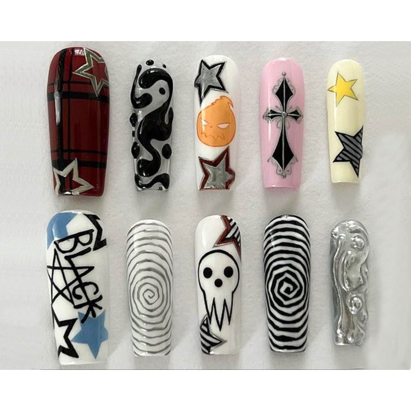 Star Ghost Handmade Press on Nails Swirl Plaid Cross Punk Gloss Fake Nails