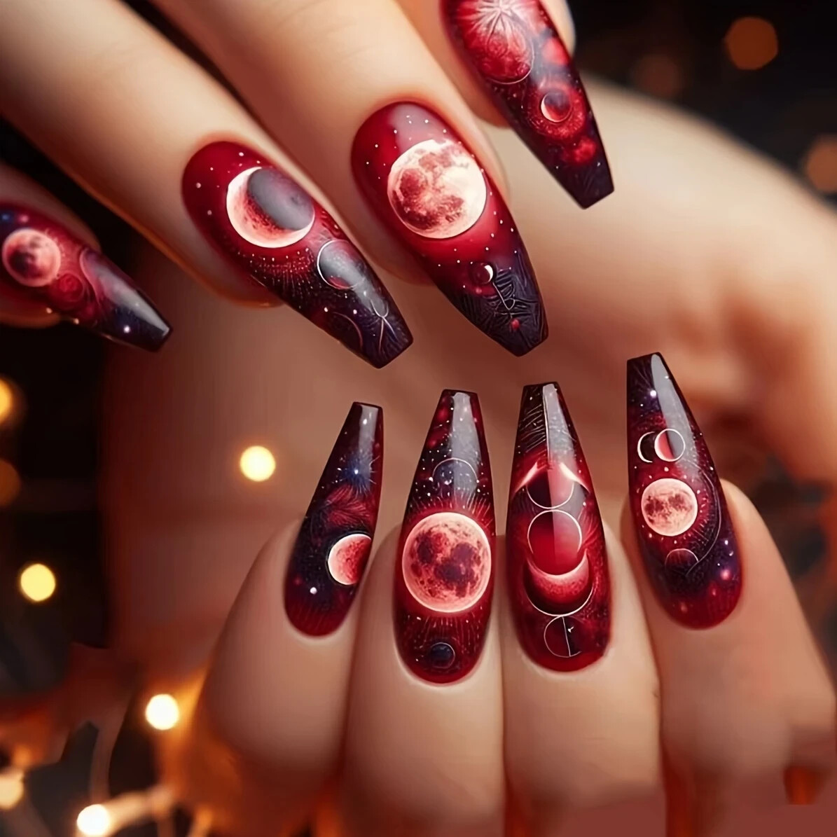 24Pcs Red/Black Ballet-Shaped Long Press-on Nails, Glossy Moon Design