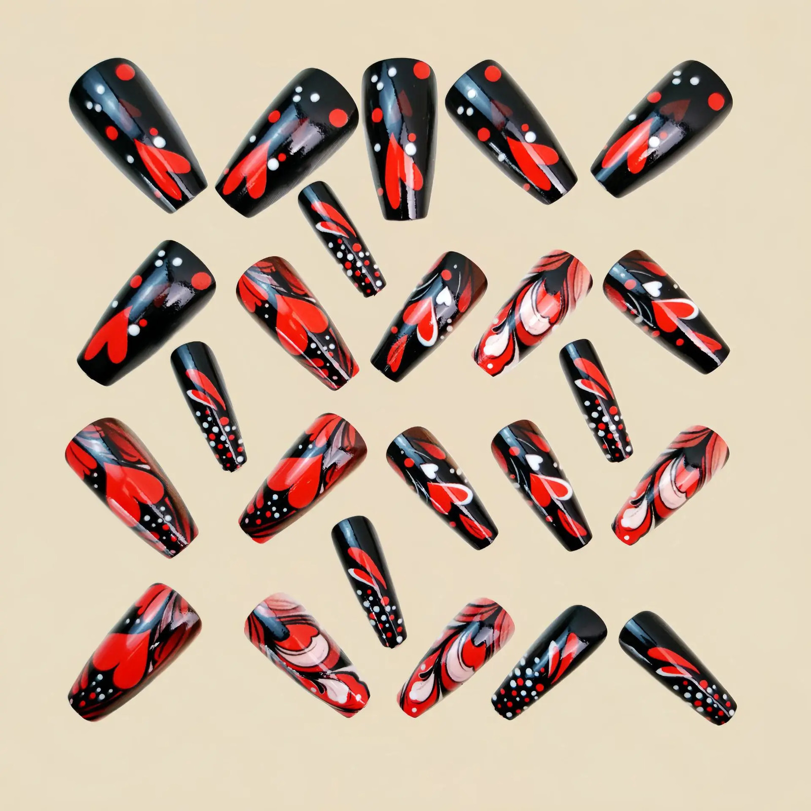 24pcs Valentine’s Day Press On Nails Gradient Red Black Cute Heart Rose French