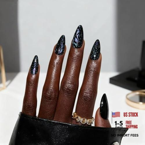 Black Press on Nails Medium Almond Fake Nails – Cat Eye False Nails with Style-4