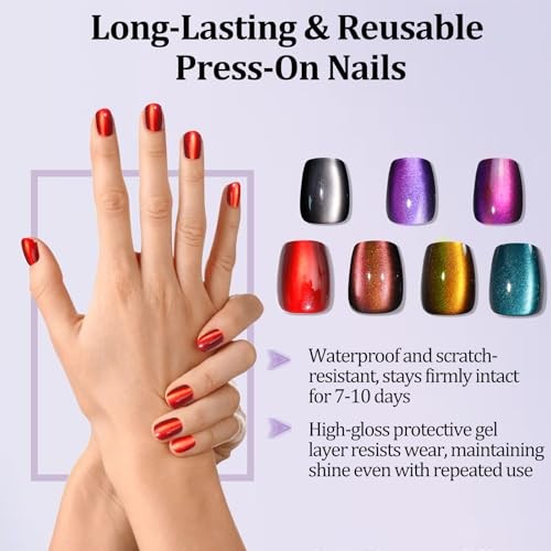 210pcs Cat Eye Press on Nails for Women 7 Colors Short Square Chameleon Series