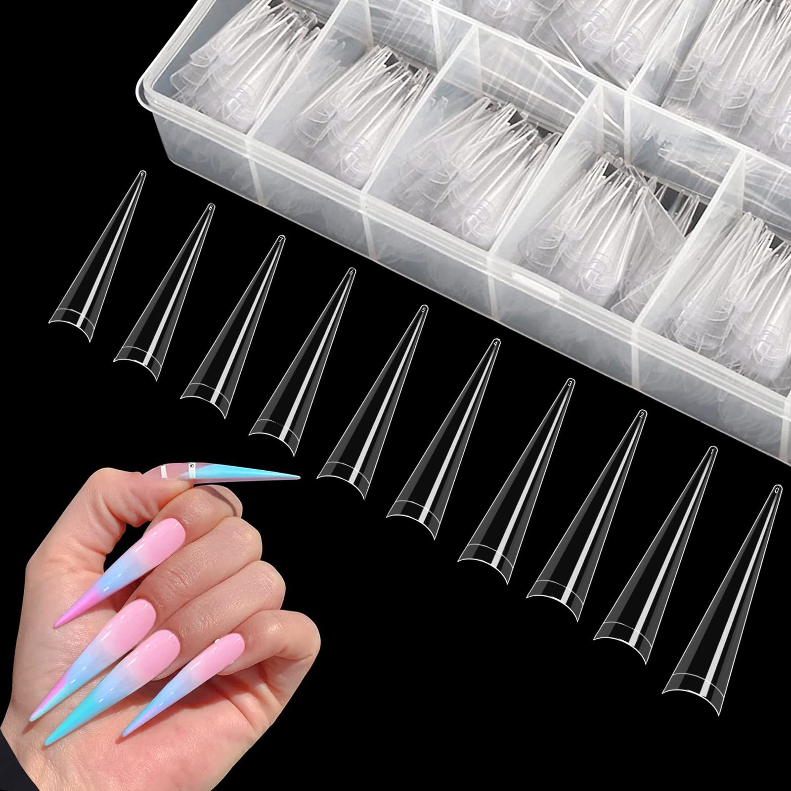 500pcs XXL Stiletto Nail Tips, Clear Half Cover Stiletto Nail Tips for Acryli…