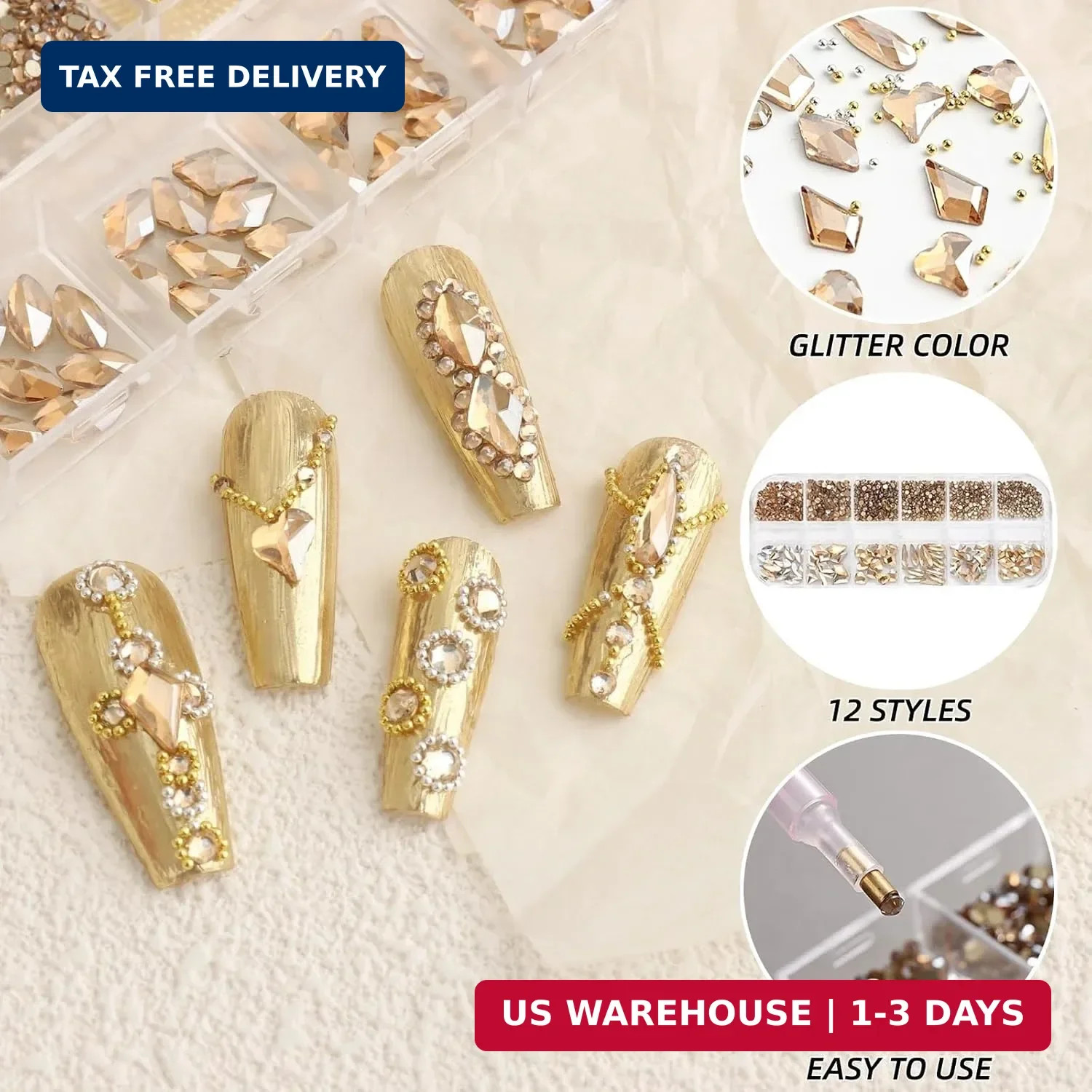 SUTOKAKA 1 Box Champagne Gold Nail Art Rhinestones Multi Shapes 3D Flatback Beda