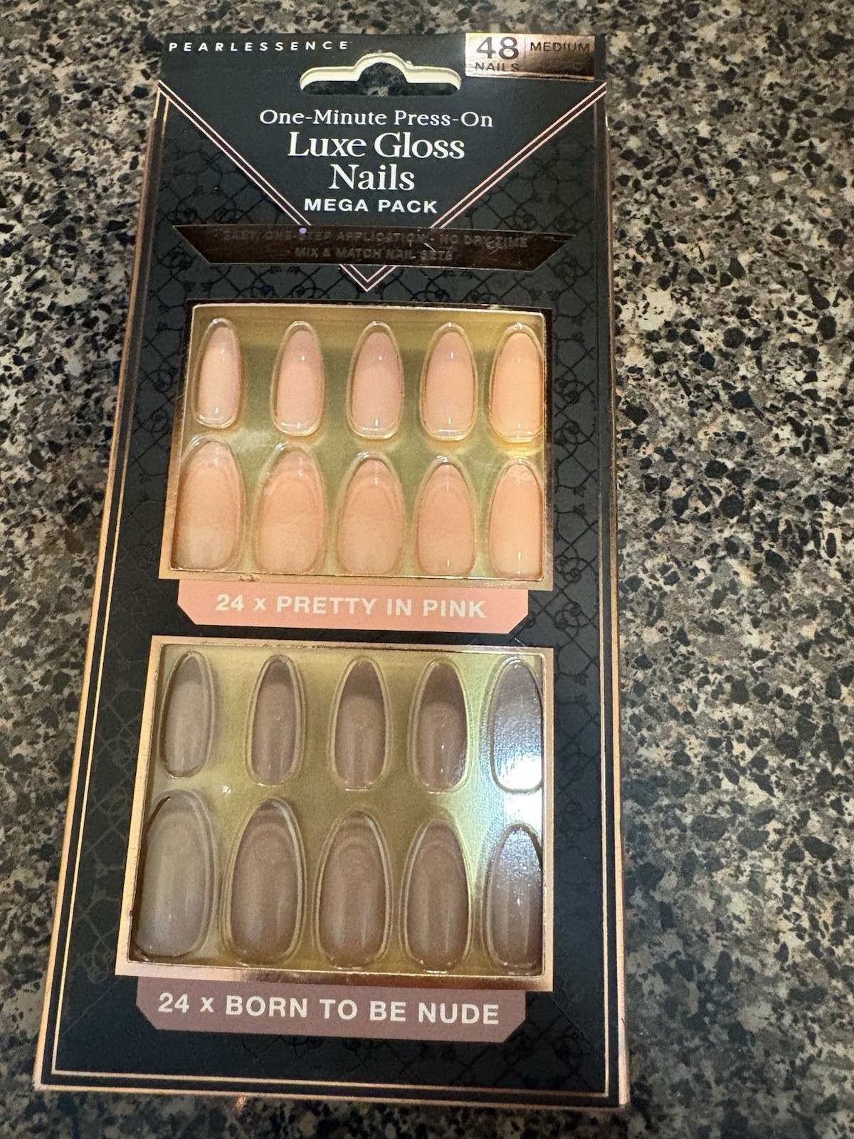 Pearleessence Medium Almond, Luxe Gloss Nails Mega Pack 48 Nails, Pink And Nude