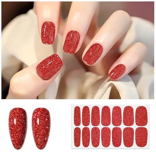8 Sheets Nail Stickers Full Nail Wraps (), Self Adhesive Red Solid & Glitter