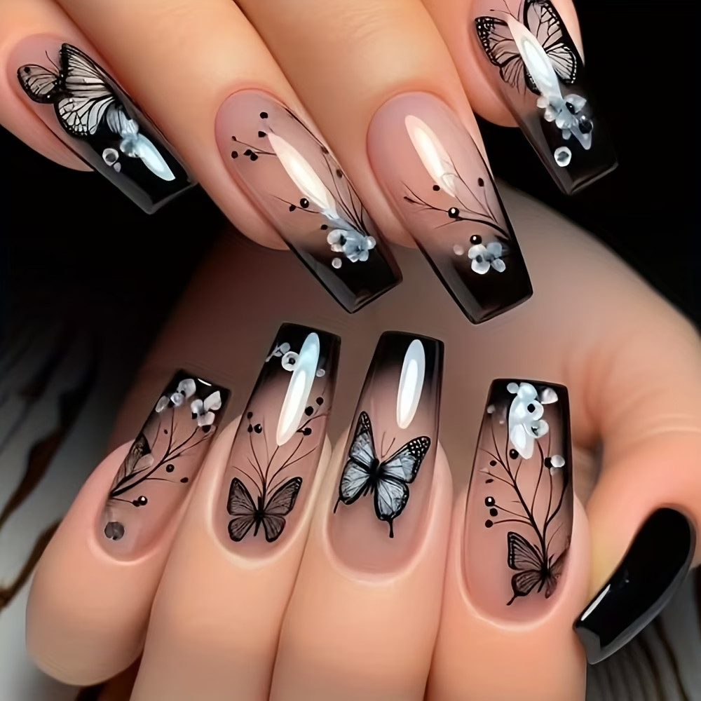 Pack of 24 Ballet-Shaped Press-On Nails Butterfly Design