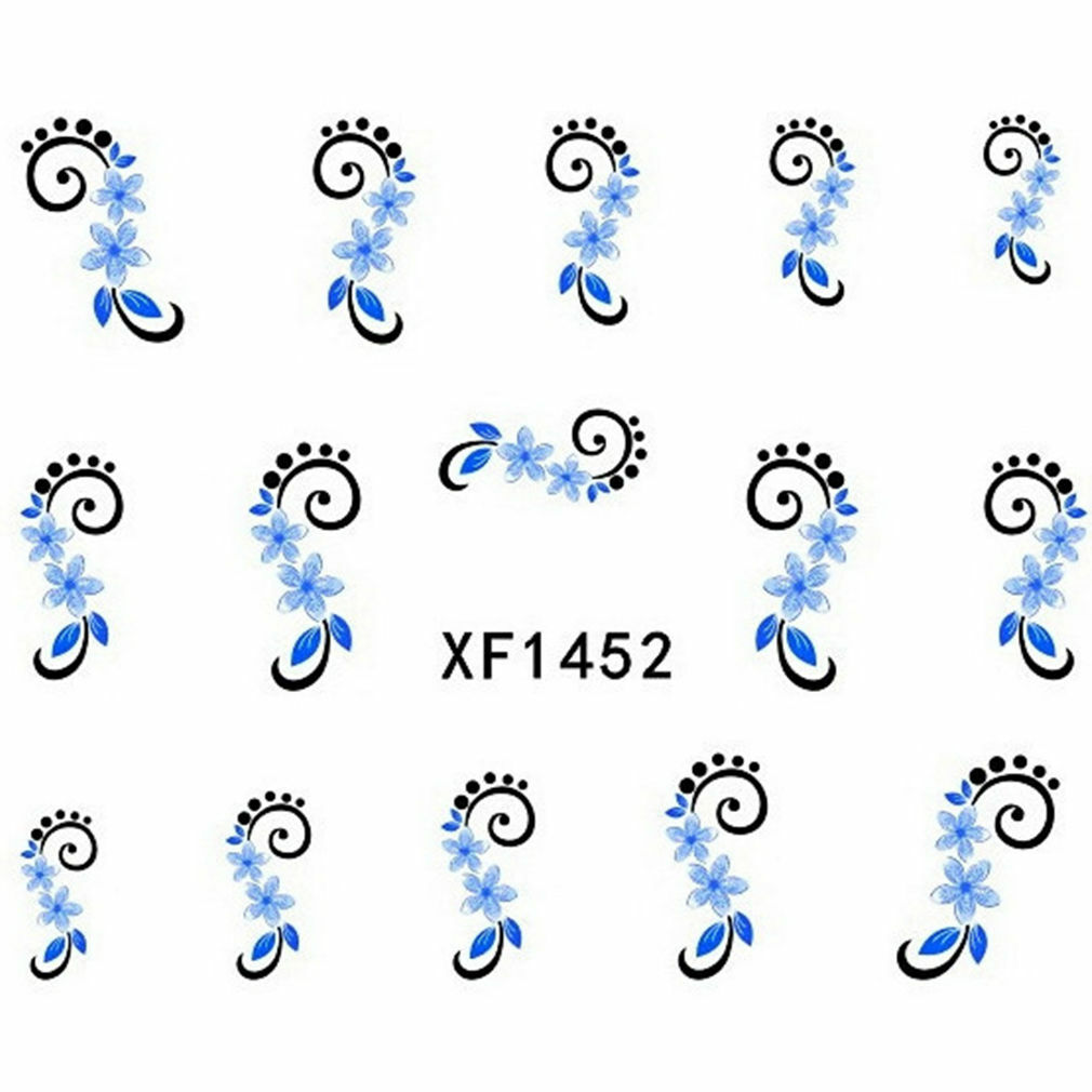 Nail Art Water Transfer Sticker Decal Stickers Pretty Flowers Blue Black XF1452