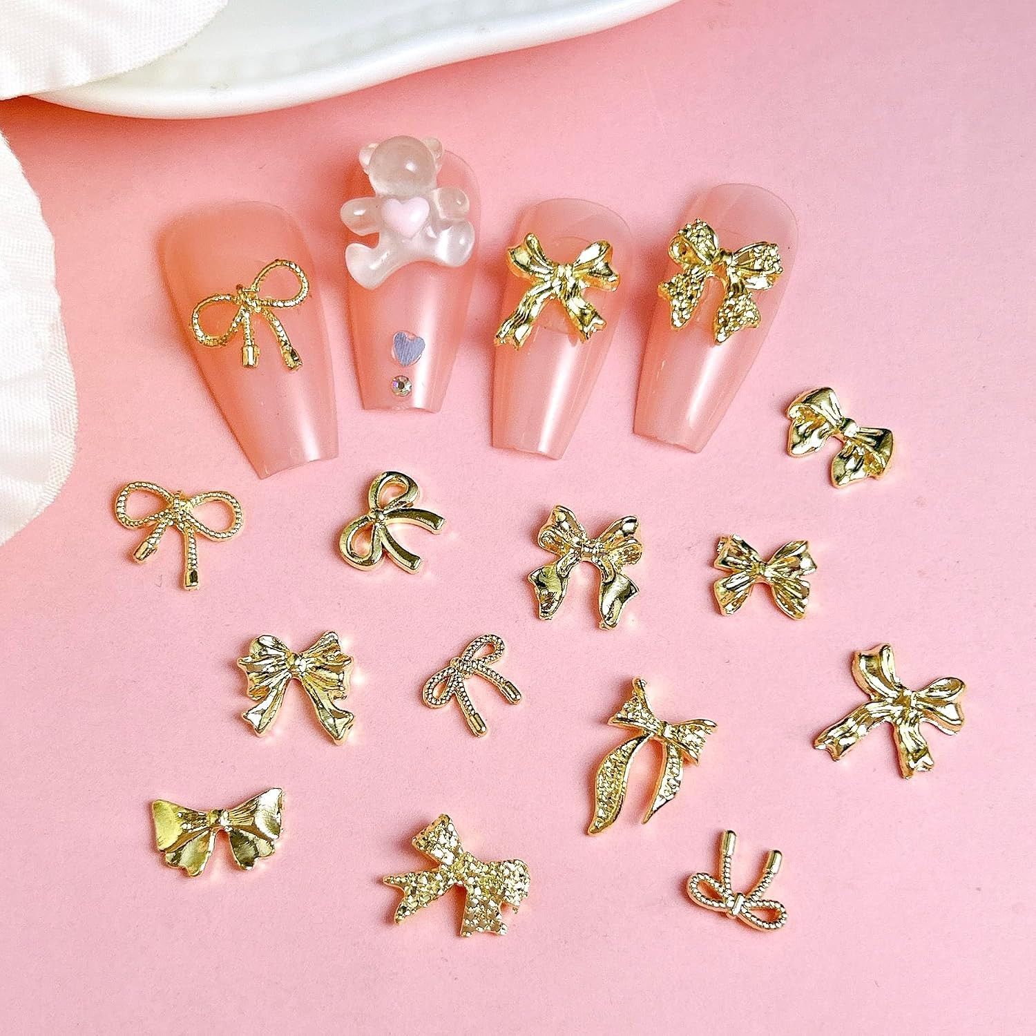 120Pcs Gold Bow Nail Charms, 3D Metal Alloy Bowknot Nail Art Golden Bows Charms
