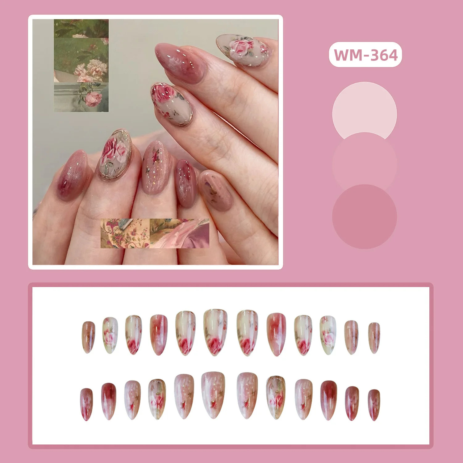 Temperament Gradient Rose 24pcs Almond Gentle Flower Press On False Fake Nails