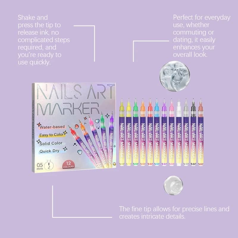 12 Color Nail Art Marker Pen Set Waterproof Quick Dry Fine Tip Nail Painting Pen
