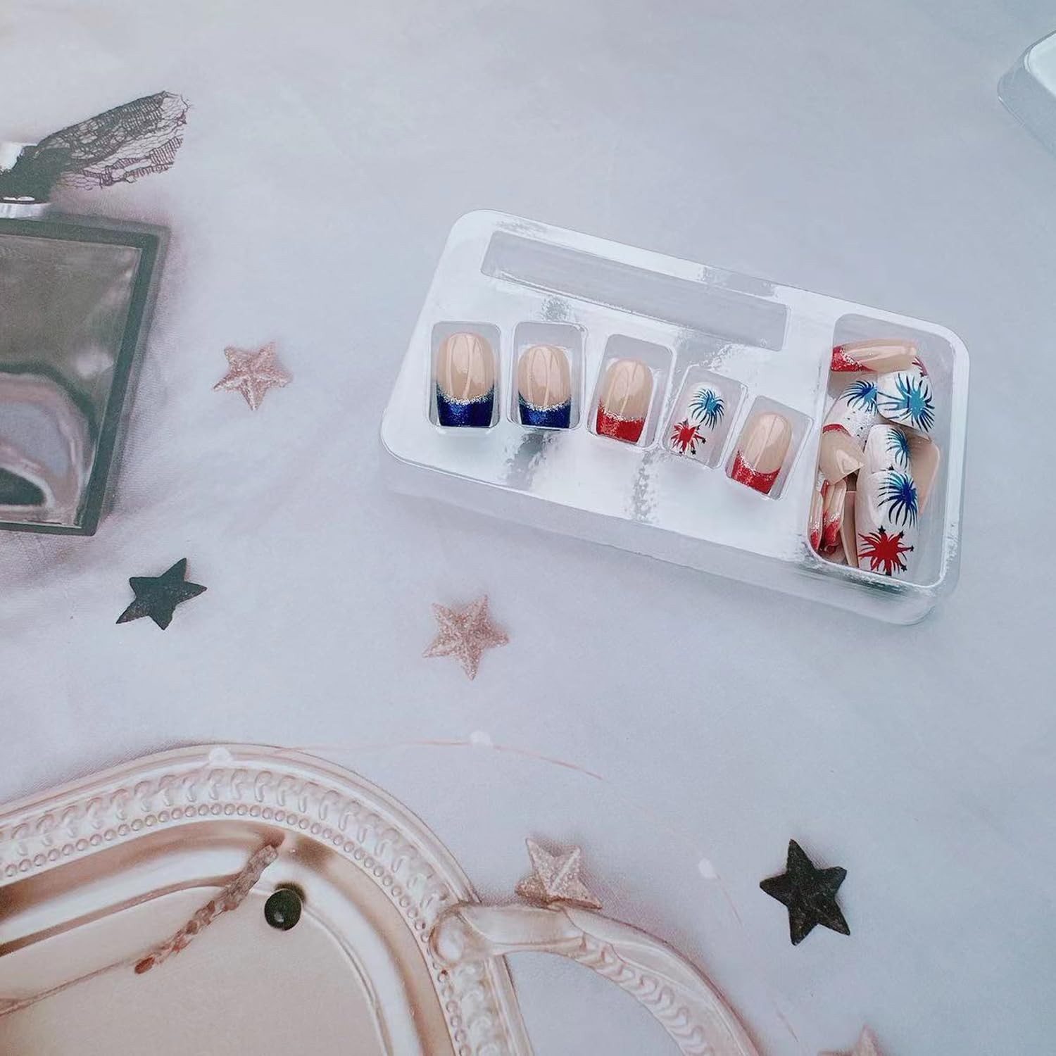 24Pcs Independence Day Fake Nails Kit – Short Square Press on Nails 4th of Ju…