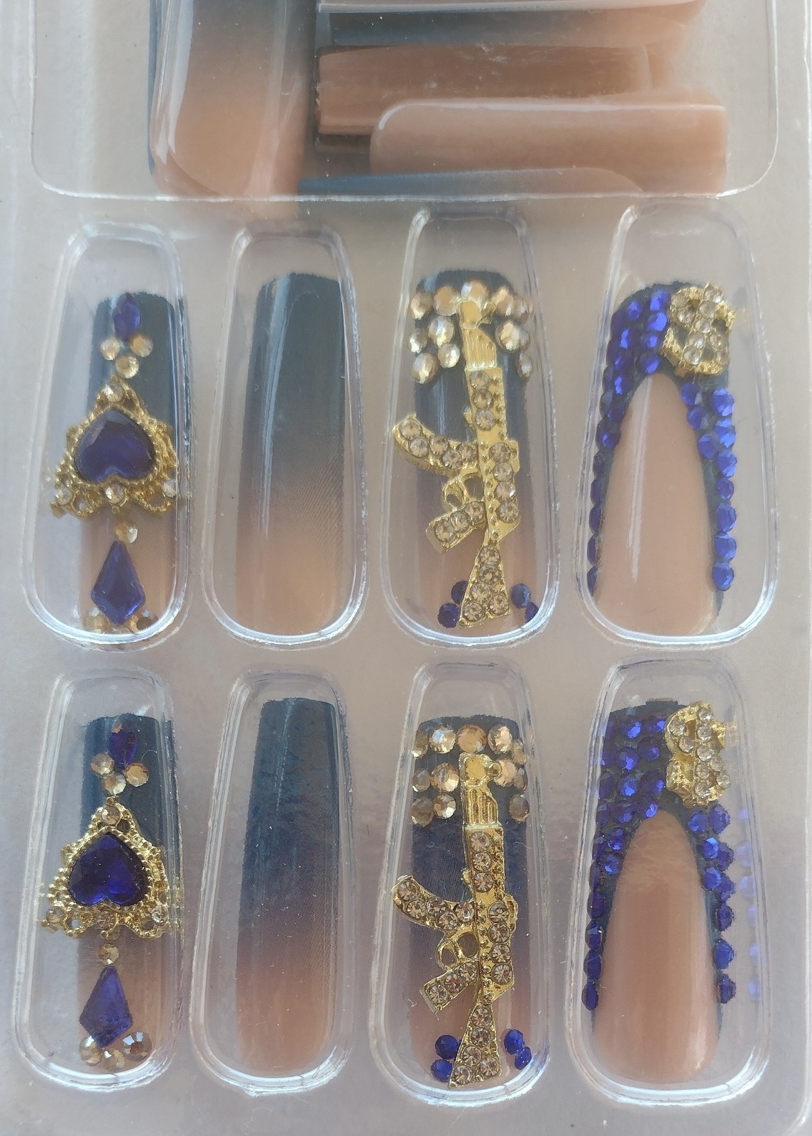 Royal Blue Bling Long Press On Nail Set with Glue Full Cover