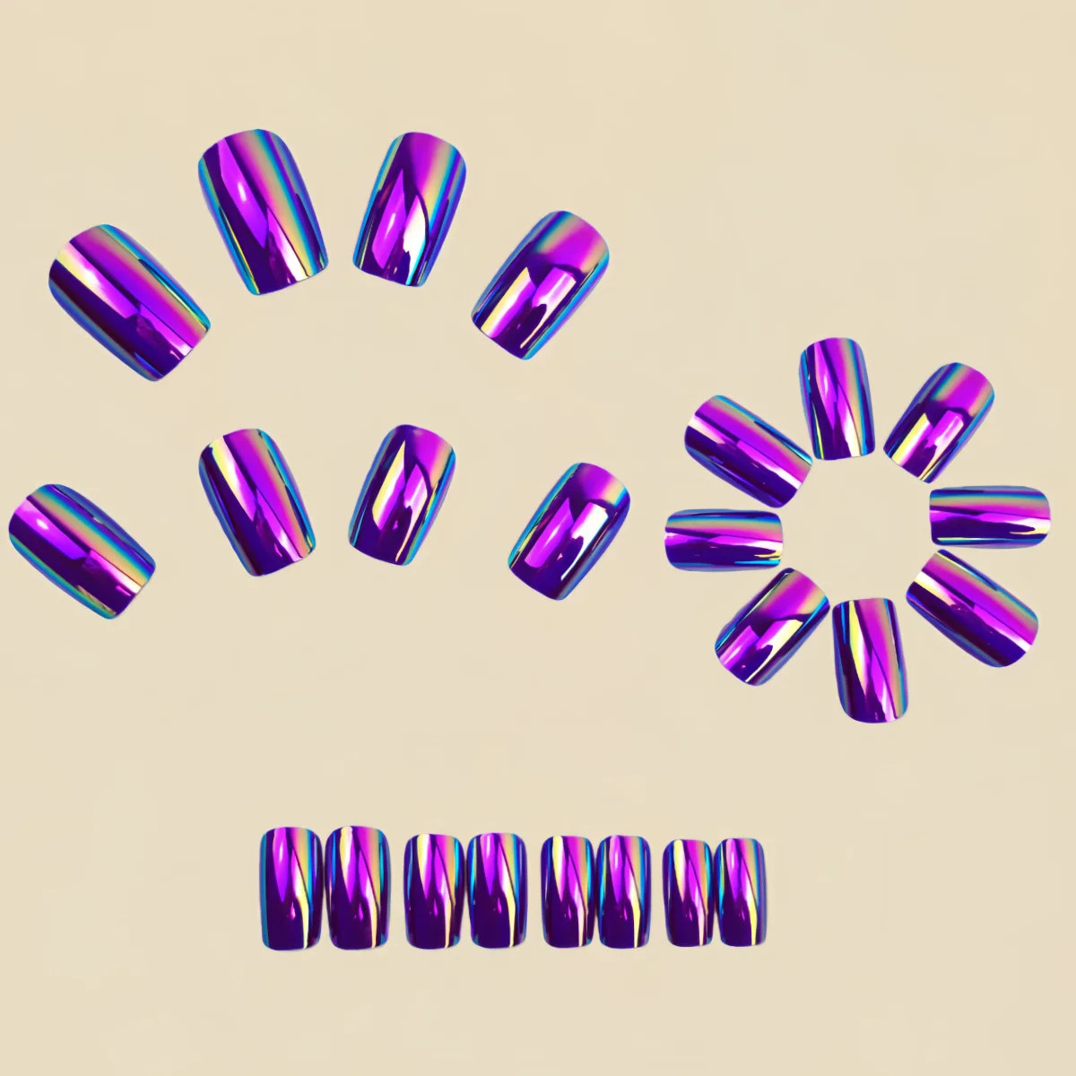 Purple Blue Pink Electric Plated Press On Nails Short Medium Glossy Square Fake
