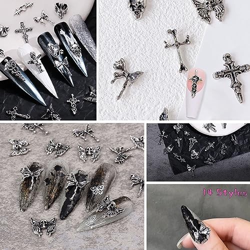 130pcs 3D Goth Nail Charms Y2K Chrome Nails Art & DIY Punk Bracelet Silver
