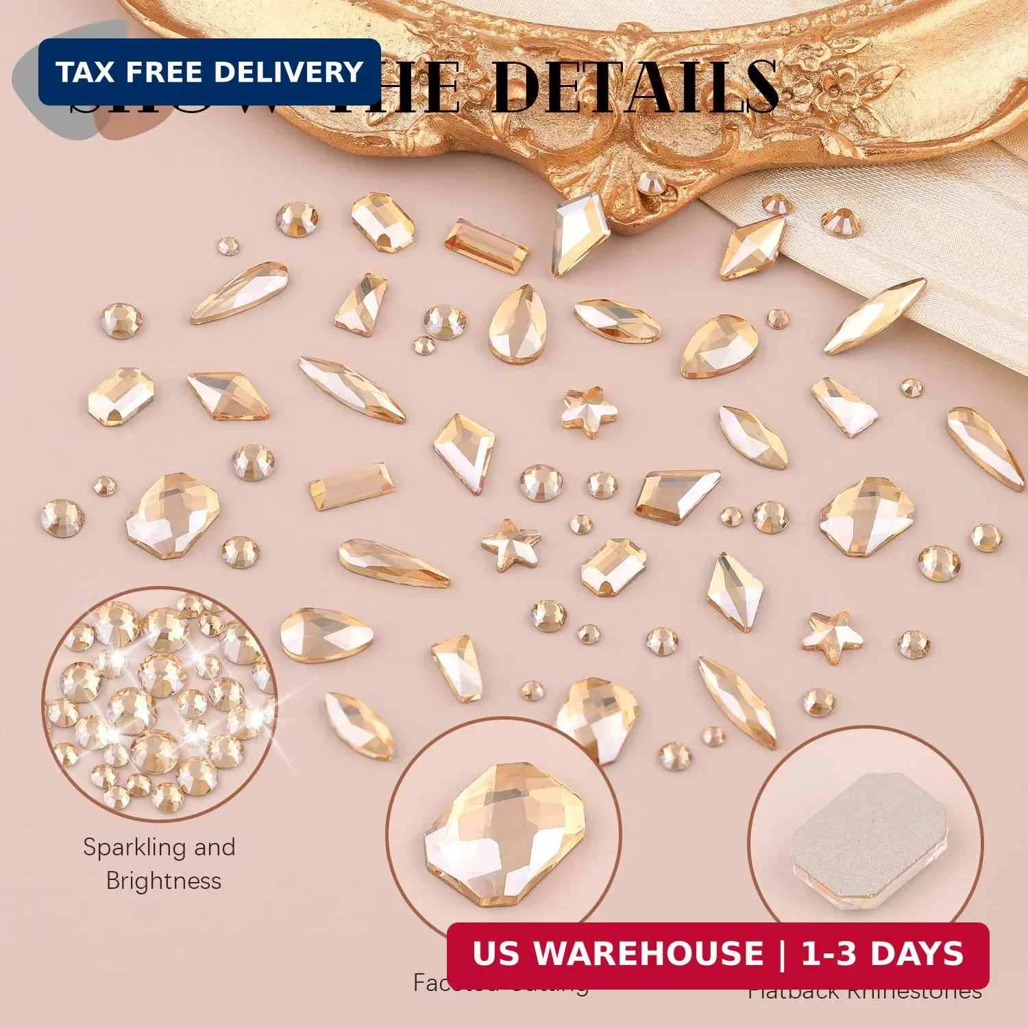3220Pcs Gold Nail Rhinestones, 1.5-4mm Mini Flatback Crystal & 3D Multi Shapes G