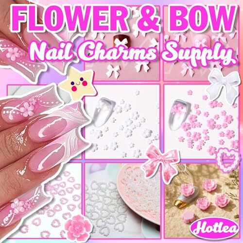 3D Flower Nail Charms Bulk Pink and White 3D Flowers and Bows Nail Charms Set C