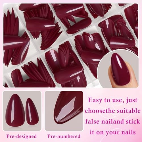 Burgundy 240pc Almond Press on Nails – Short Fake Nails with Glue Tabs
