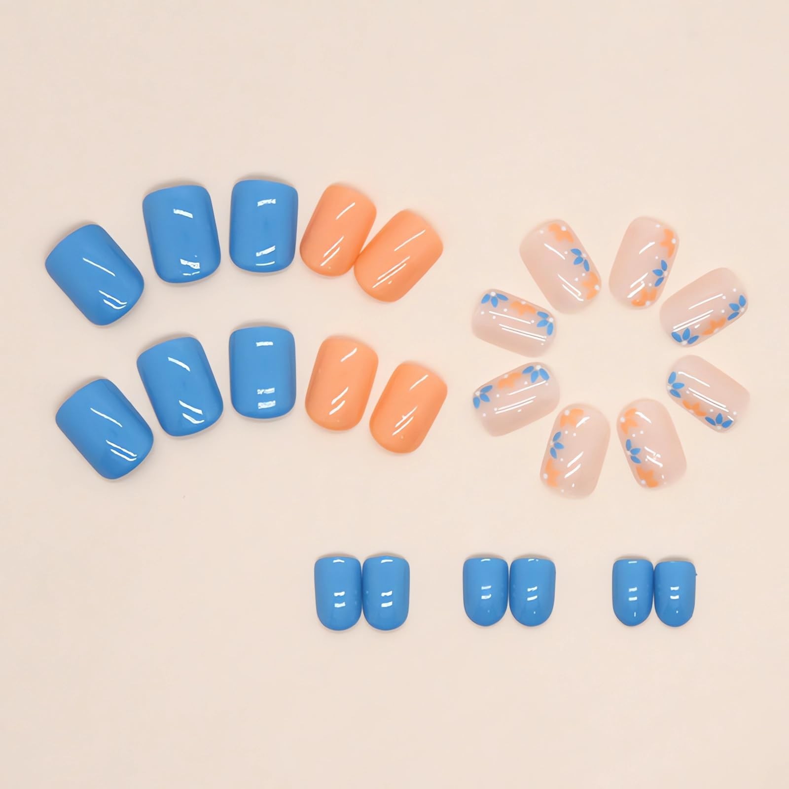 Short Press on Nails Square Fake Nails Blue Orange Flowers Glue on Nails Spri…