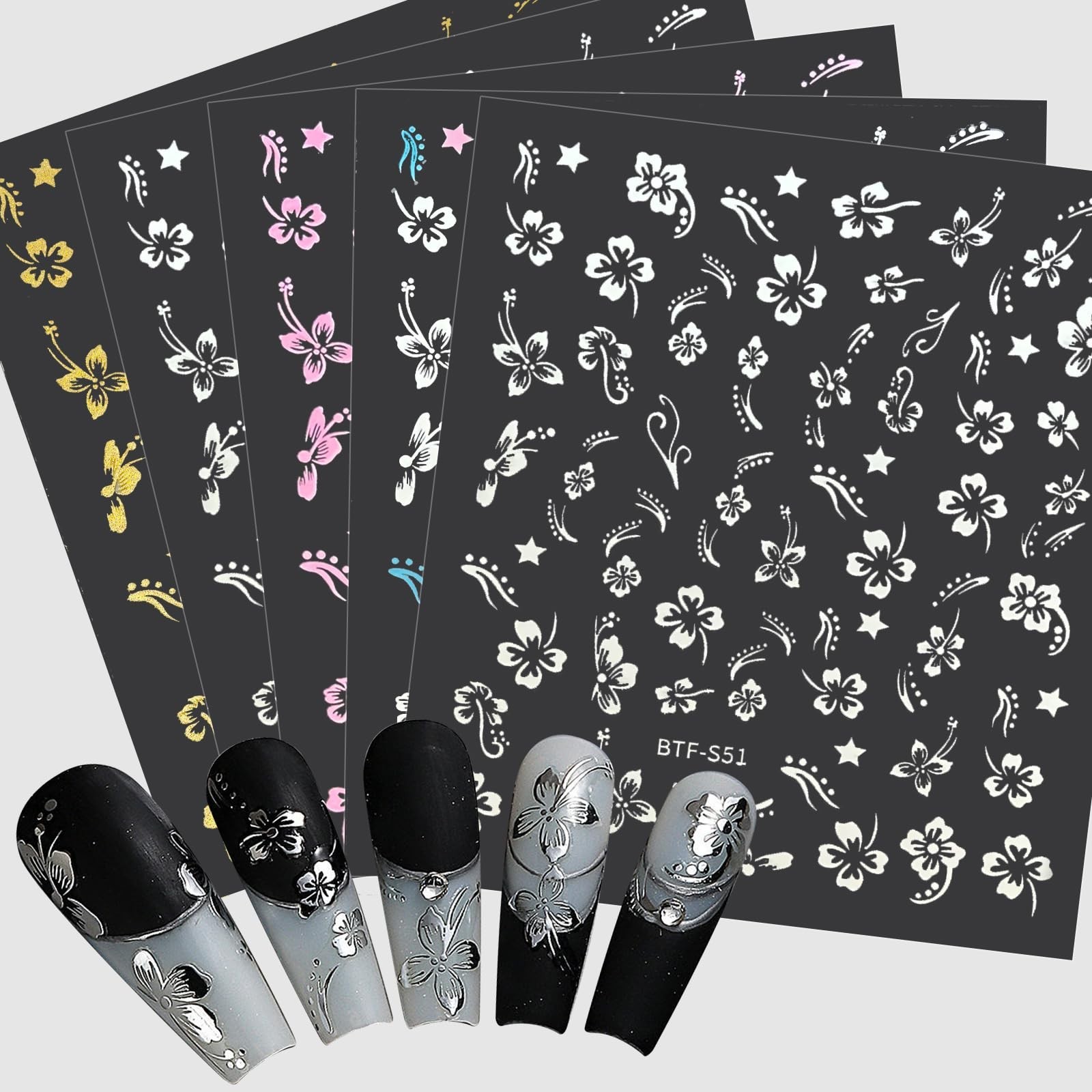 MUIIGOOD Flower Nail Stickers 10 Sheets Hibiscus Nail Decals White Pink Golde…
