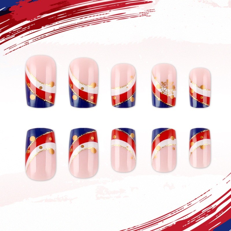 48pcs-Ocean-themed Nails, Press on Square with Red, White, Blue and Gold Accents