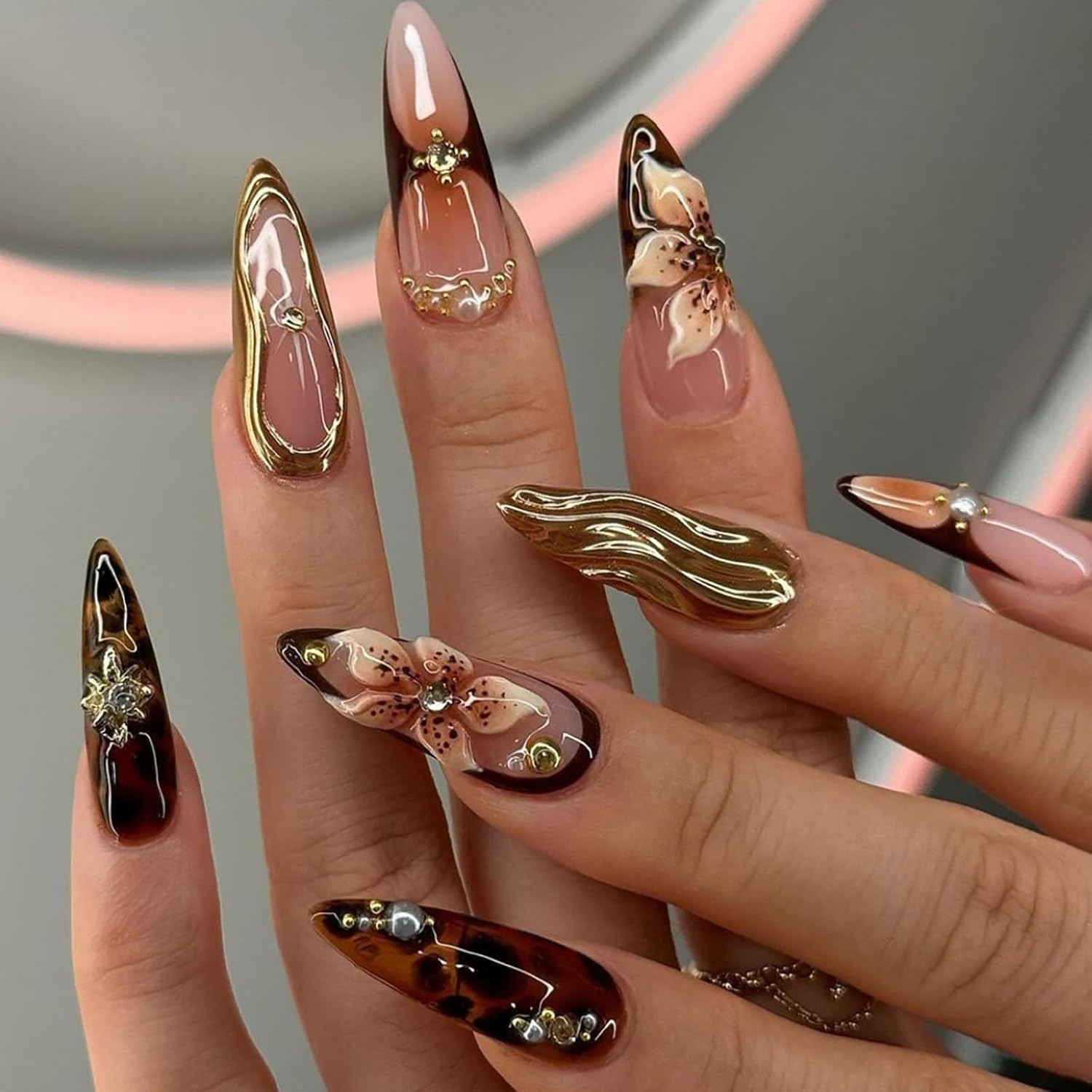 Luxury Long Almond Press-On Nails: 3D Brown Flower & Rhinestone Charm Set