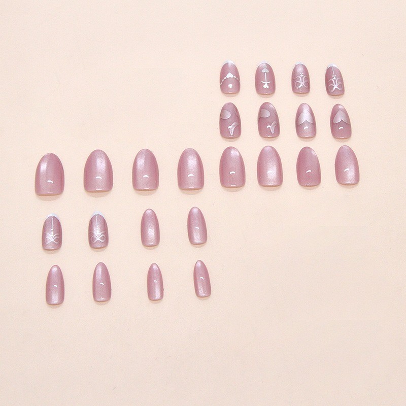 72Pcs-Pink Chrome Heart Bow French Almond Press on Nails Silver Sequins Fake Tip