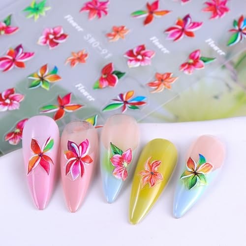 Flower Nail Art Stickers 5D Embossed Flowers Nail Decals 3PCS hawaii flower