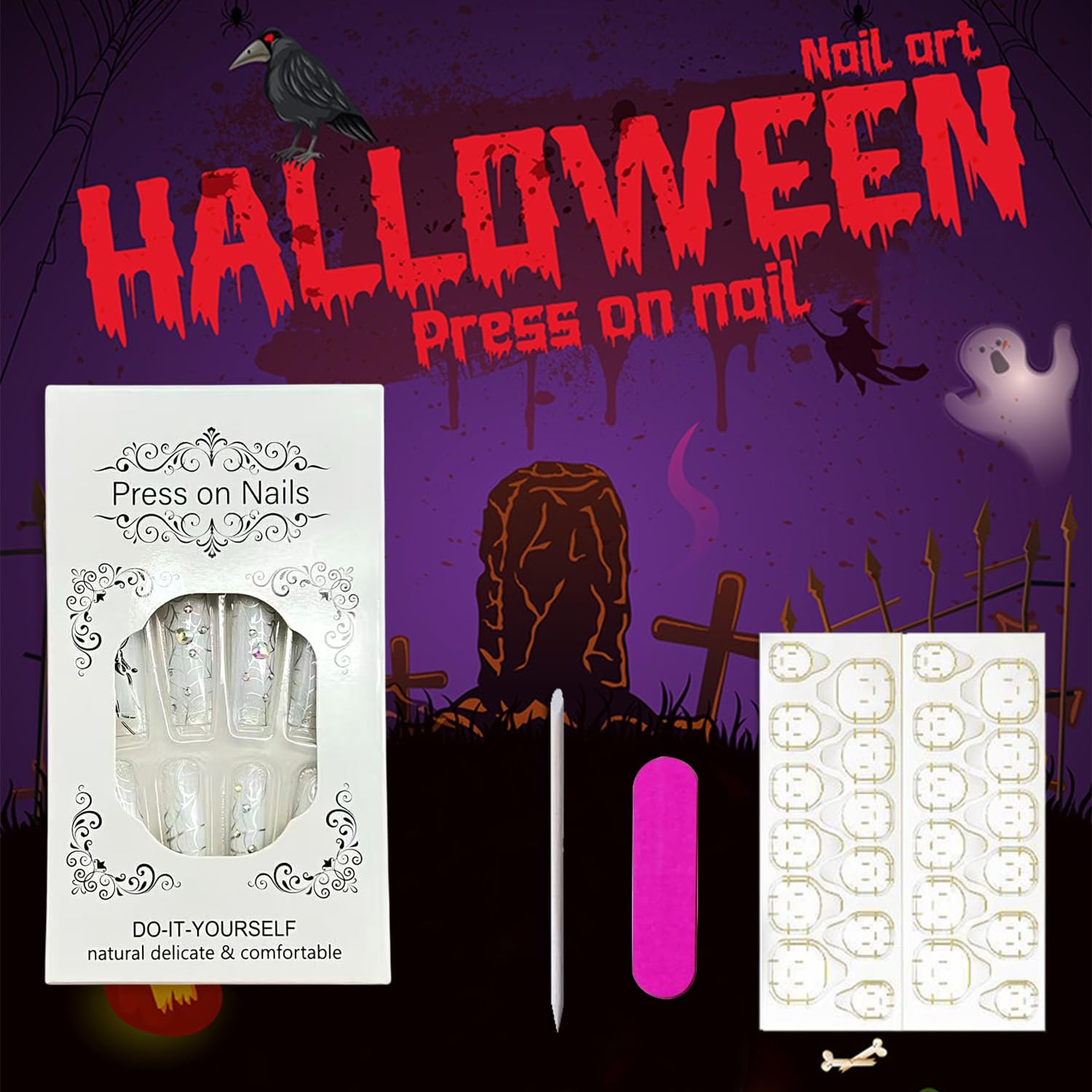 Vopintpy Halloween Press on Nails Silver Spider Web Fake Multicolor