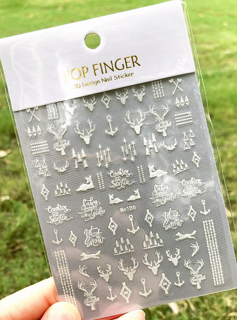 White Snow Christmas Tree Nail Sticker Reindeer Santa Snowman Bear Penguin