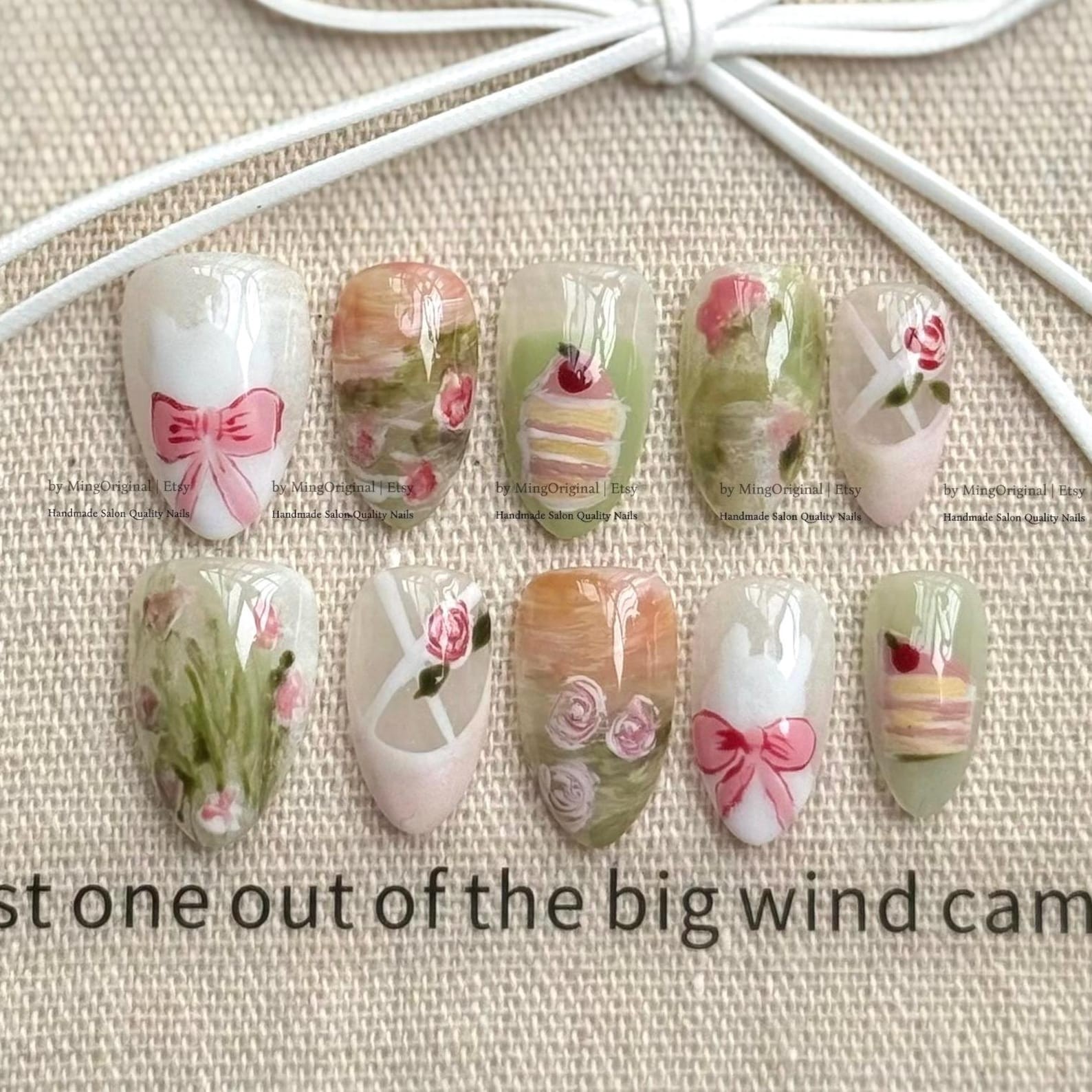 Handmade Vintage Watercolor Rose Cake Pink Bow Medium Almond Press on Nails