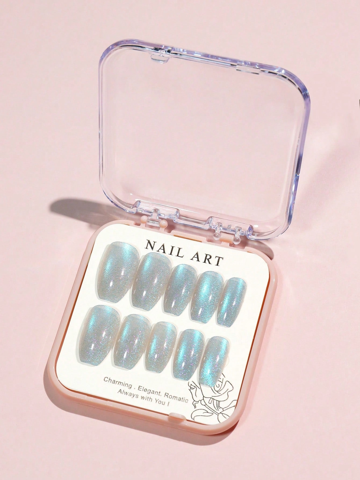 24pcs Short Coffin Blue-Green Glitter Cat Eye French Style Fake Nail Press On