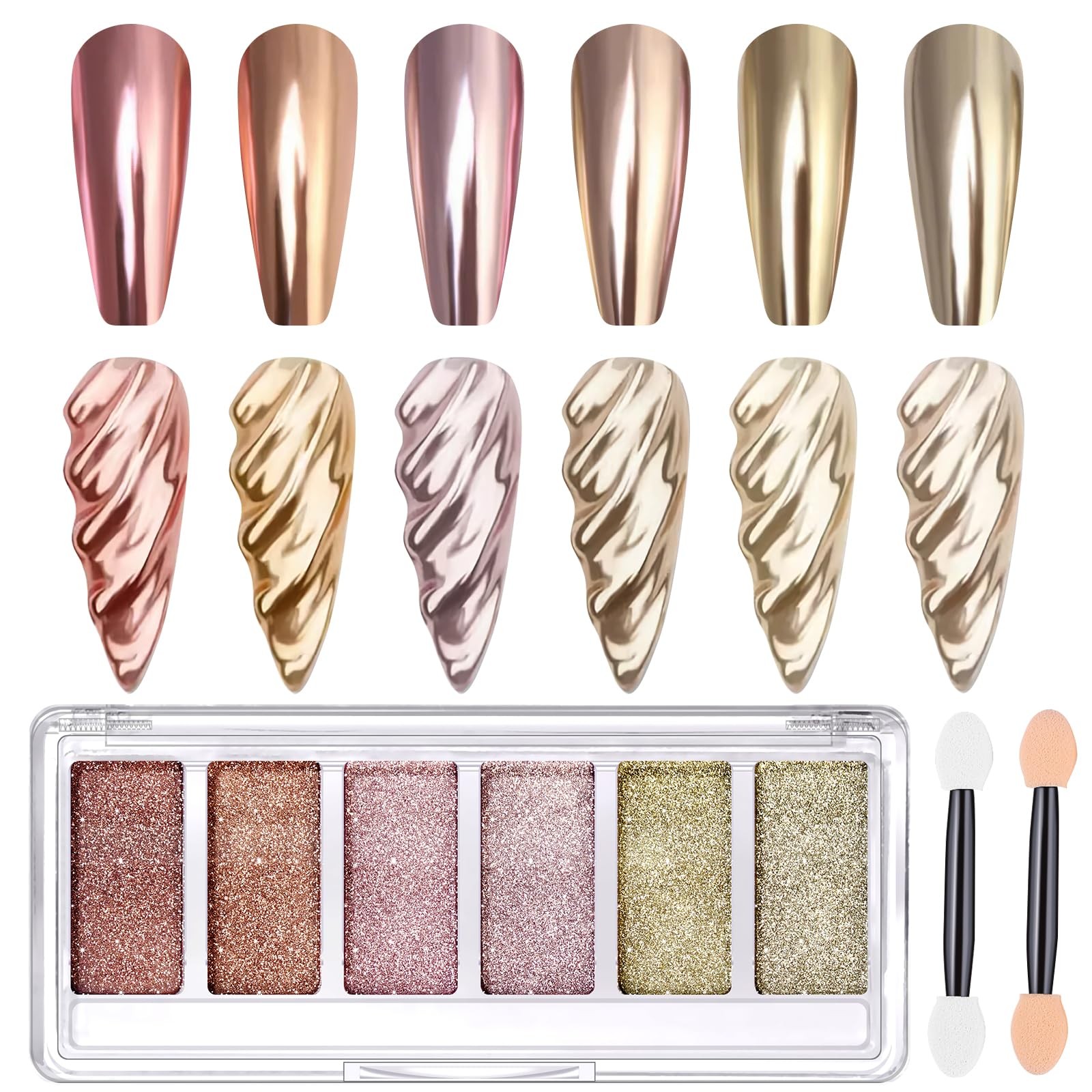 Gold Chrome Nail Powder, DRMODE 6 Colors Metallic Mirror Effect Pink Champagn