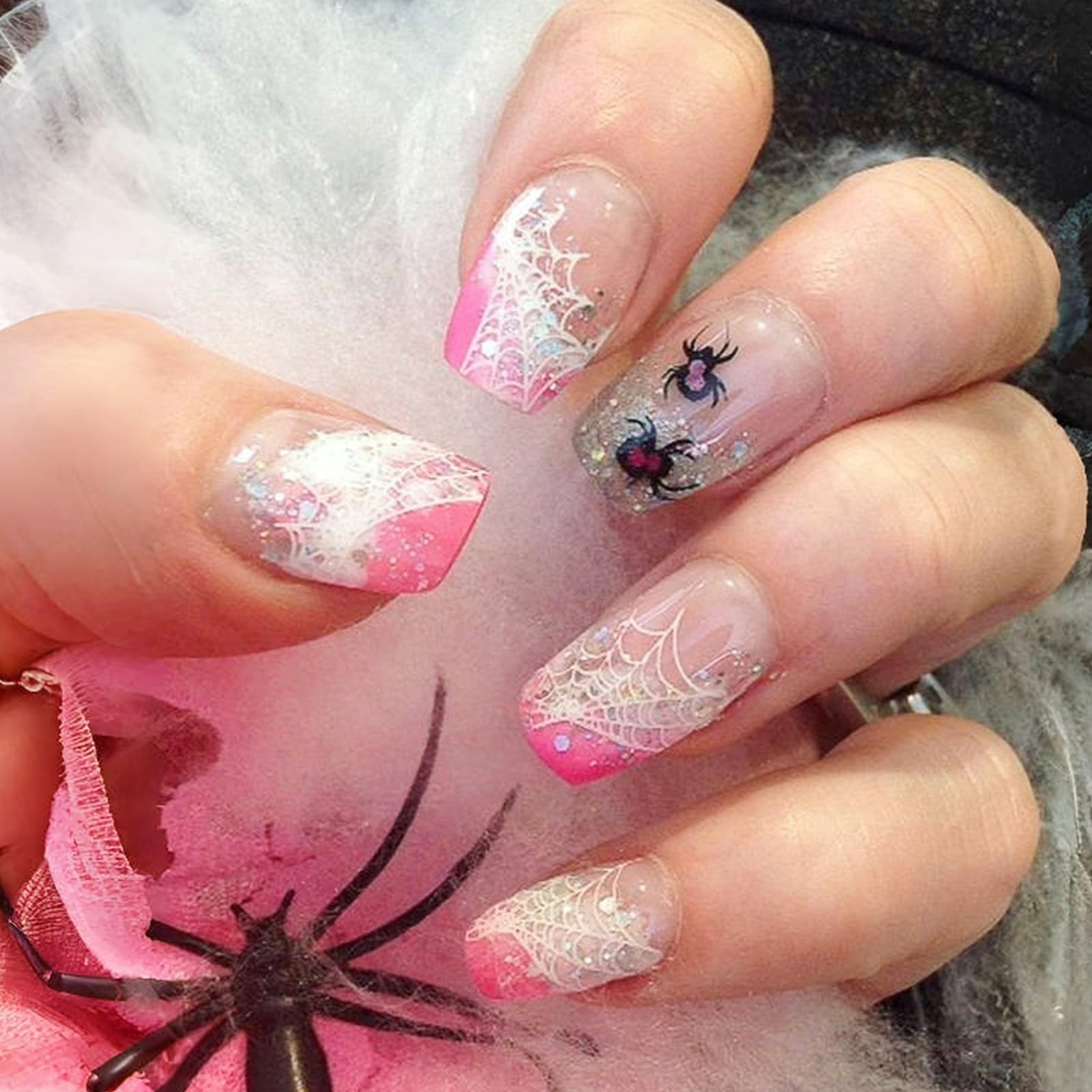 24Pcs Halloween Press on Nails Short Square Pink Fake 4*2*0.3in, Multicolor