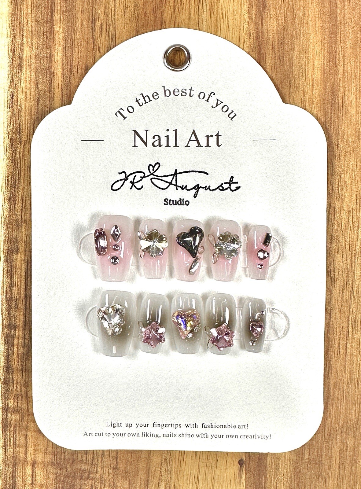 press on nails handmade Pink And Gray Diamond Heart Medium Coffin XS S M