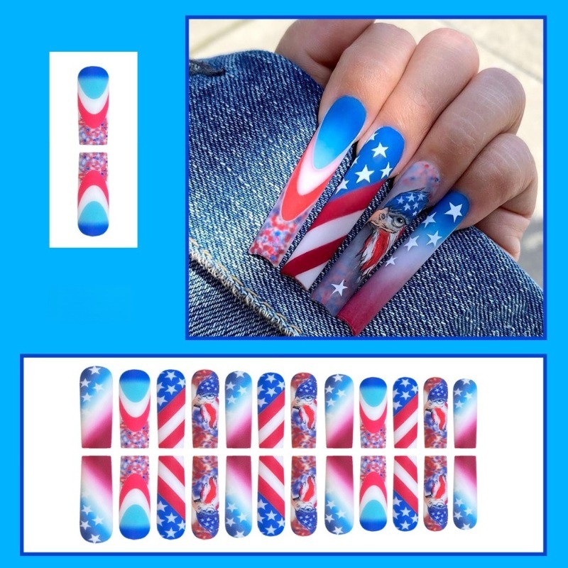 American Flag Press on Nails, Long Coffin Red Blue Gradient Patriotic Fake Nails