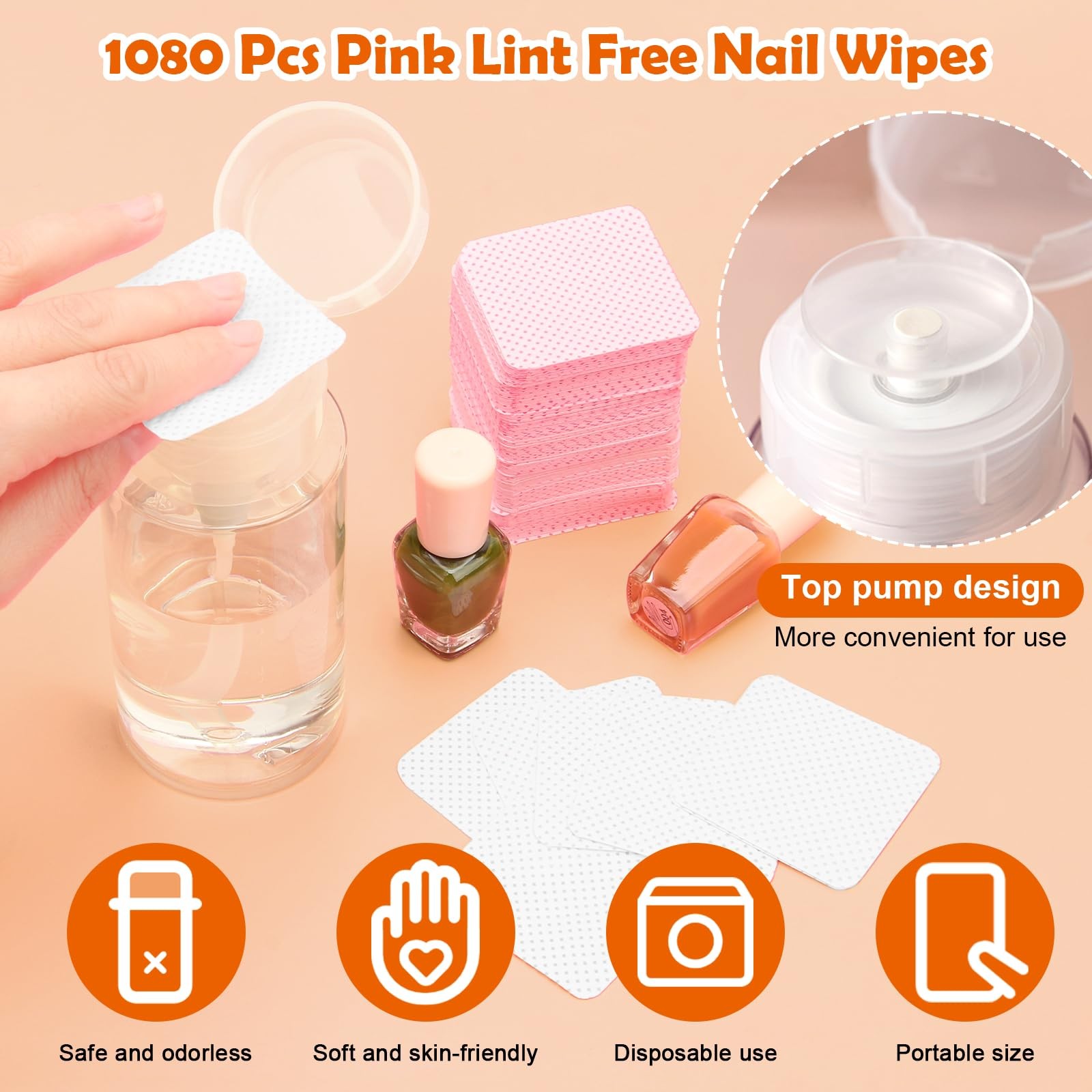 1080 + 3 Pcs Lint Free Nail Wipes Kit, Disposable Polish Pink+white
