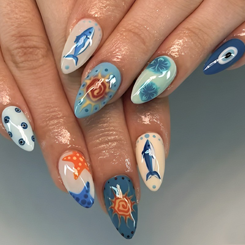 48pcs-Summer Ocean Press on Nails, Medium Stiletto Shark & Starfish Fake Nails