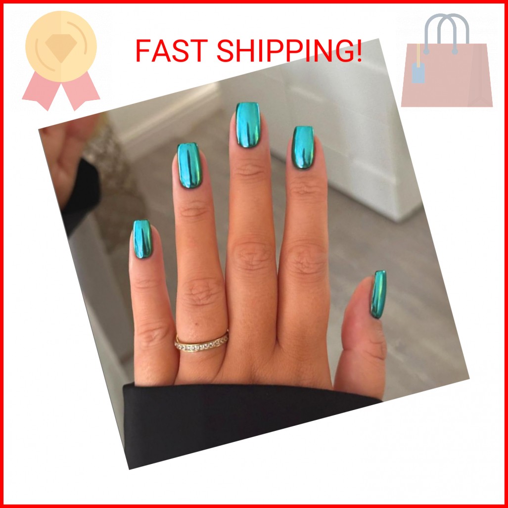 Mirror Metal Teal Blue Press on Nails Medium Short Square Chrome Glazed Short Ge