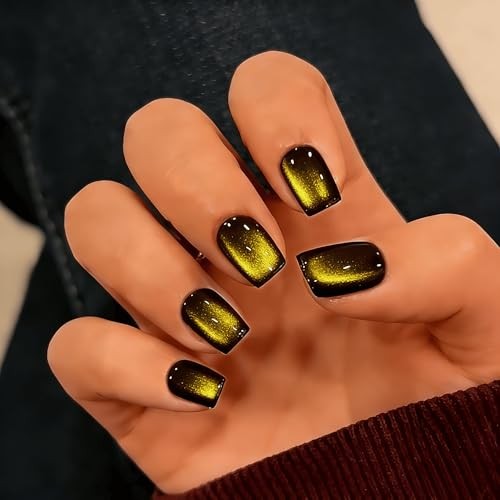 Cat Eye Press On Nails Short, 30 Pcs Glitter Black Gold Press On black gold